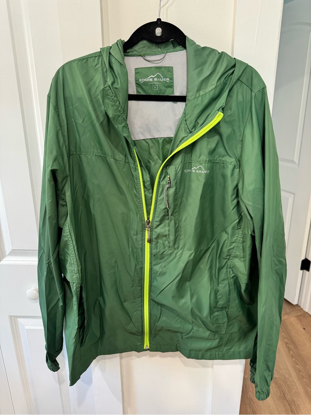 Eddie Bauer Green Hooded Raincoat with Neon Yellow Zipper